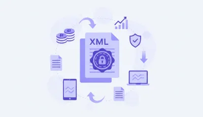 Ilustración vectorial de CFDI de retenciones en México: documento fiscal digital con íconos de ISR, IVA y SAT en tonos violeta y azul