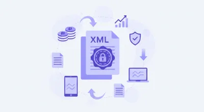 Ilustración vectorial de CFDI de retenciones en México: documento fiscal digital con íconos de ISR, IVA y SAT en tonos violeta y azul