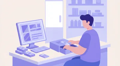 Ilustración de un vendedor cerrando la caja del día frente a una PC con el sistema de ventas abierto y billetes contados al lado del teclado