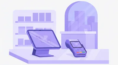 Ilustración de una terminal Clover Mini de mostrador junto a una terminal Clover Flex portátil en un local comercial