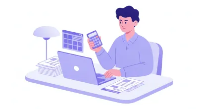 Dueño de un negocio revisando facturas vencidas con una calculadora para reclamar una deuda a un cliente