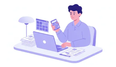 Dueño de un negocio revisando facturas vencidas con una calculadora para reclamar una deuda a un cliente