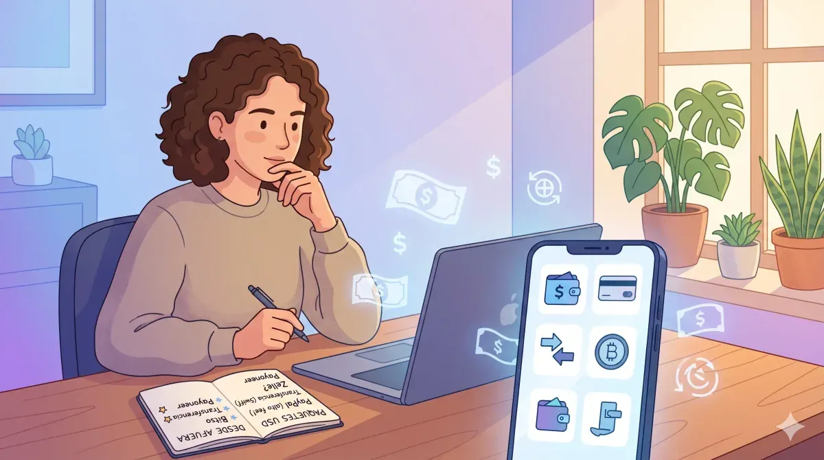 Freelancer argentino comparando opciones para cobrar en dólares: Wise, Payoneer, USDT y transferencia bancaria con sus ventajas