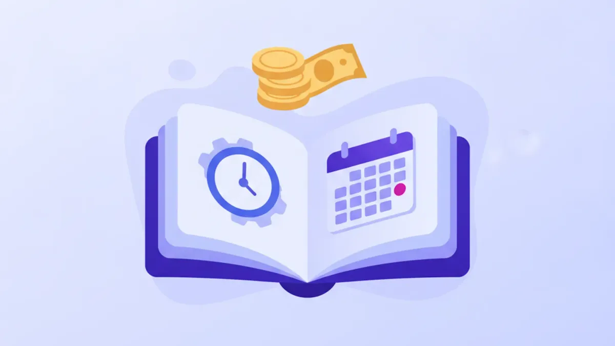 Ilustración de un libro de leyes abierto con íconos de reloj, calendario y dinero