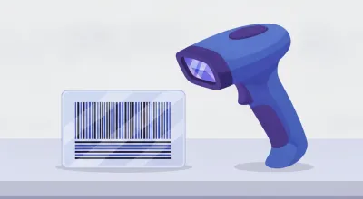 Ilustración de tres códigos distintos lado a lado sobre un mostrador: una línea de código de barras, un código PDF417 apilado y un código QR