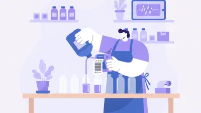 Ilustración de un fabricante fraccionando su propio producto y pegando una etiqueta con un código de barras recién generado