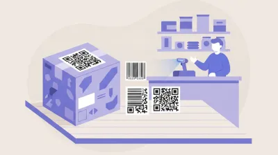 Ilustración de un mostrador de comercio con distintos tipos de código de barras y un código QR sobre un paquete