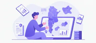 Escritorio de oficina con gráficos de distribución porcentual entre distintas regiones sobre una notebook, representando el reparto de ingresos brutos entre jurisdicciones