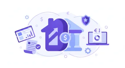 Ilustración vectorial de una casa con símbolos de Infonavit y banco unidos
