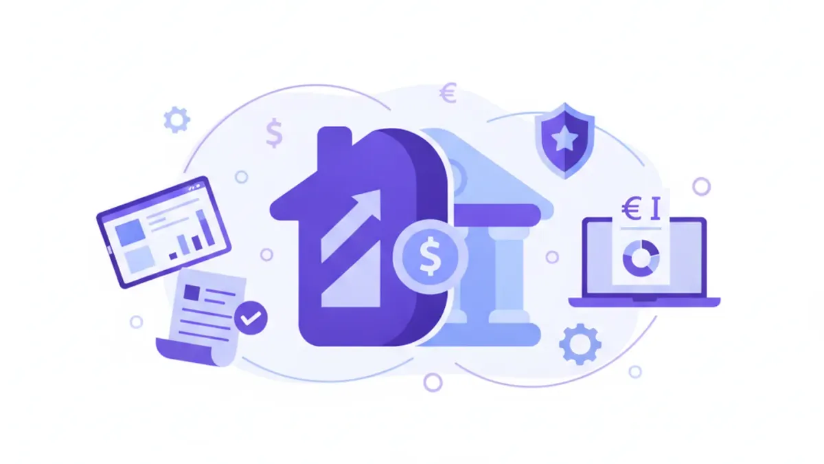 Ilustración vectorial de una casa con símbolos de Infonavit y banco unidos
