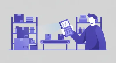 Ilustración de una persona sosteniendo un colector de datos con pantalla y teclado numérico mientras escanea una caja en un depósito