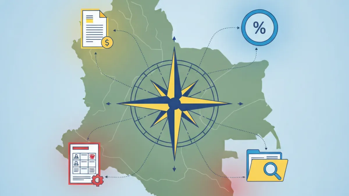Ilustración de una brújula sobre el paisaje de Colombia con iconos de factura, calculadora de impuestos, nómina y carpeta de índice
