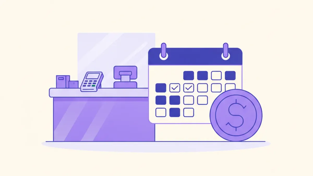 Ilustración de un calendario y una moneda sobre el mostrador de un comercio, representando el plazo de acreditación de una venta con tarjeta