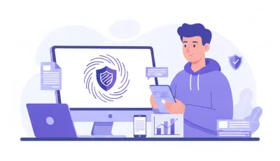 Ilustración flat de un emprendedor mexicano registrando su negocio en el SAT con documentos, RFC y factura electrónica CFDI en tonos violeta y azul