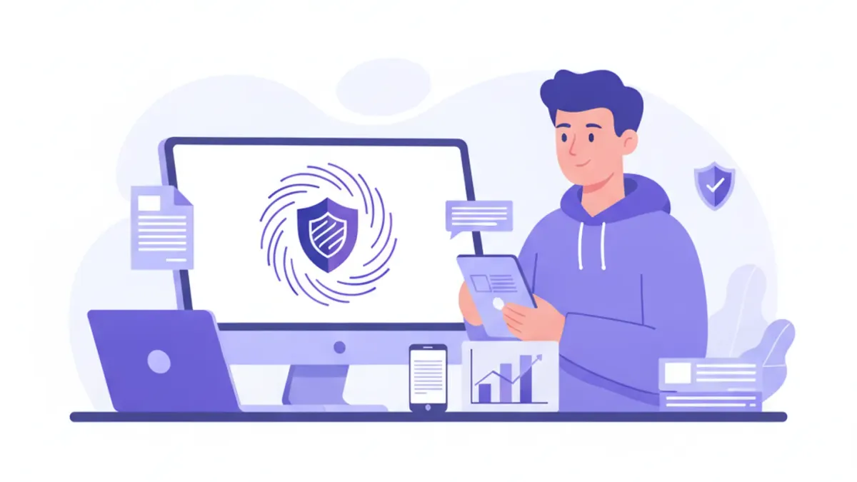 Ilustración flat de un emprendedor mexicano registrando su negocio en el SAT con documentos, RFC y factura electrónica CFDI en tonos violeta y azul