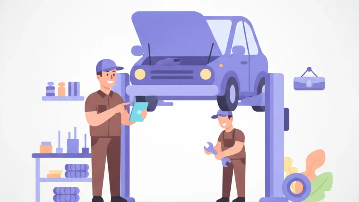Ilustración de un taller mecánico con un auto elevado y un mecánico con una tablet