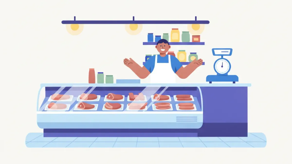Ilustración de una carnicería con una vitrina refrigerada y una balanza