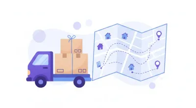 Ilustración de un camión de reparto con cajas y un mapa con rutas
