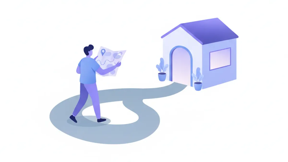 Ilustración de una persona con un mapa de pasos hacia un local con cartel de abierto