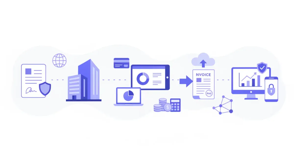 Ilustración flat vector que muestra los pasos para abrir una empresa en Uruguay: documentos, formularios y aprobación oficial