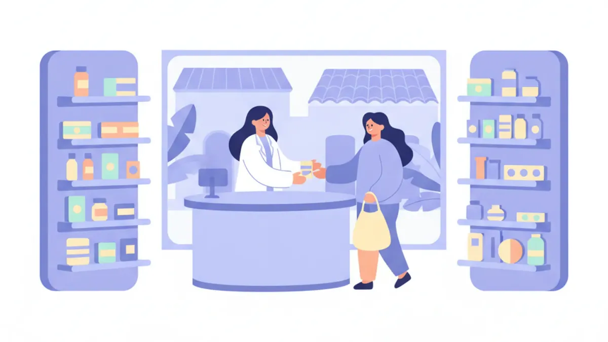 Ilustración de una farmacia con estanterías de medicamentos y un mostrador