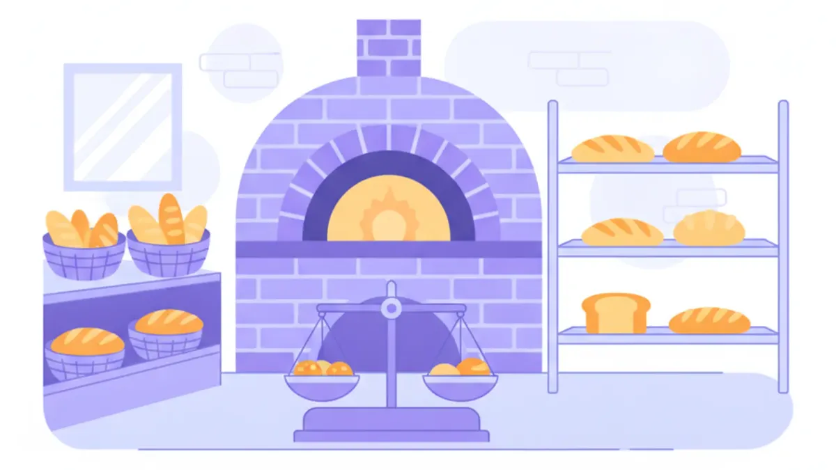 Ilustración de una panadería con un horno, panes en estanterías y una balanza