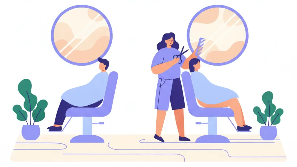 Ilustración de una peluquería con sillones, espejos y un estilista atendiendo