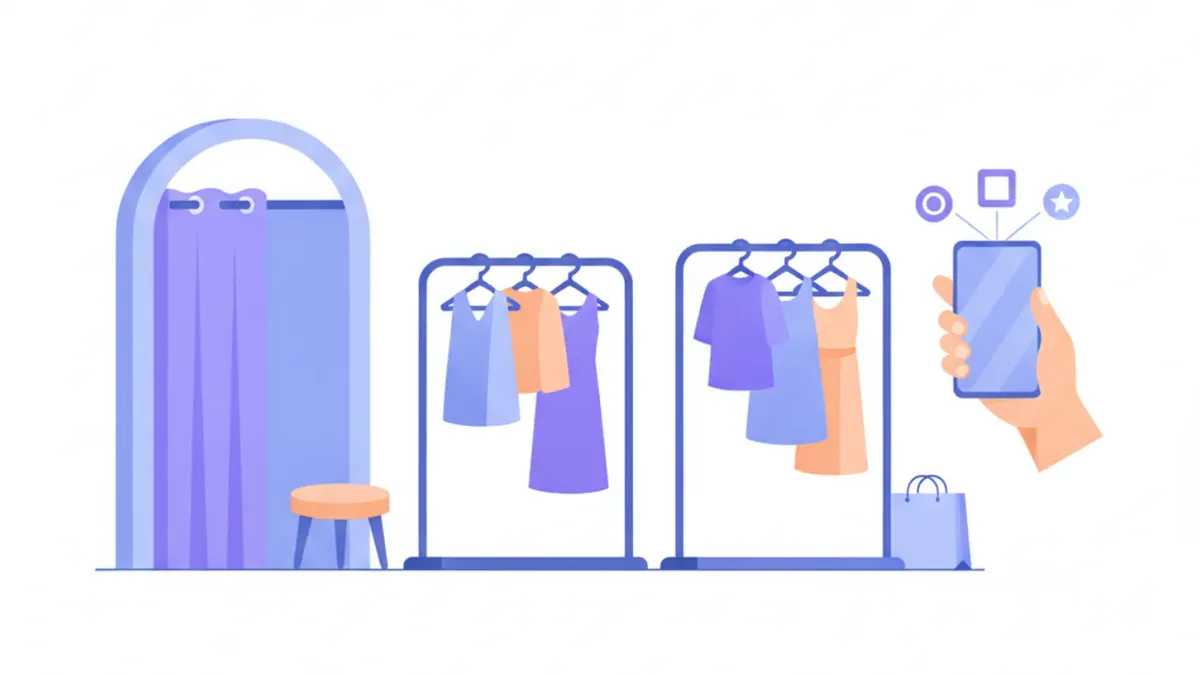 Ilustración de una tienda de ropa con percheros, un probador y un celular con redes