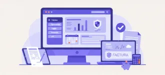 Persona gestionando trámites impositivos online en una computadora de escritorio en una oficina moderna