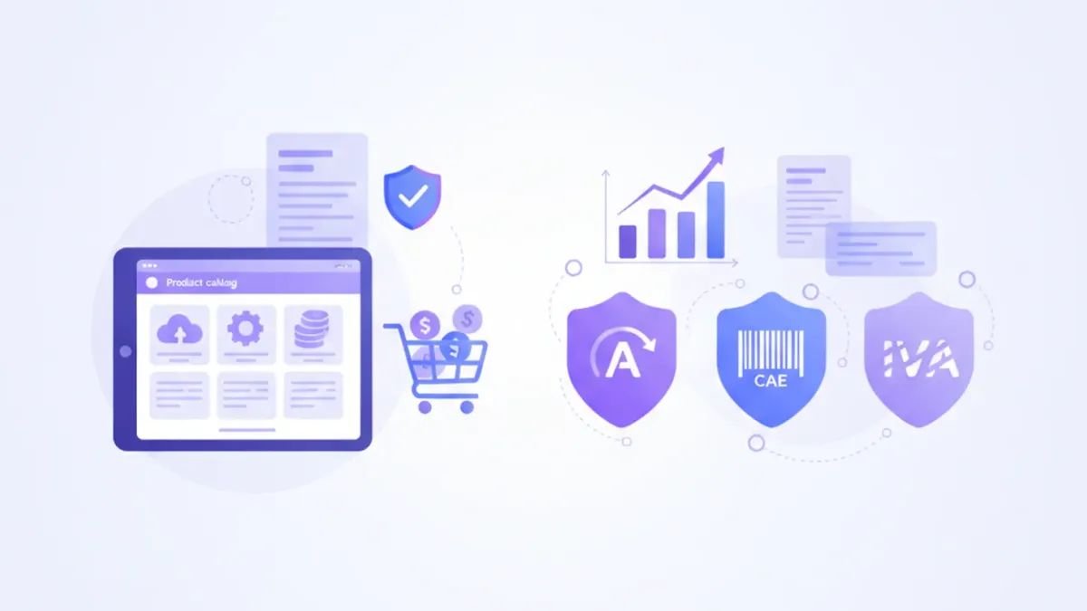 Ilustración vectorial de catálogo online con productos, facturación y logo ARCA en tonos violeta y azul