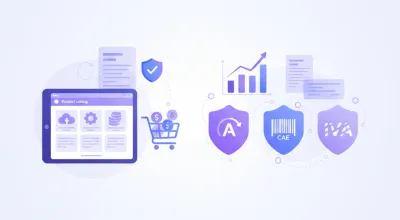 Ilustración vectorial de catálogo online con productos, facturación y logo ARCA en tonos violeta y azul
