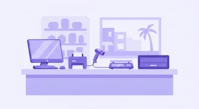 Ilustración de un mostrador de comercio con una PC, una impresora térmica, un lector de código de barras, una balanza y un cajón de dinero armados como un punto de venta completo
