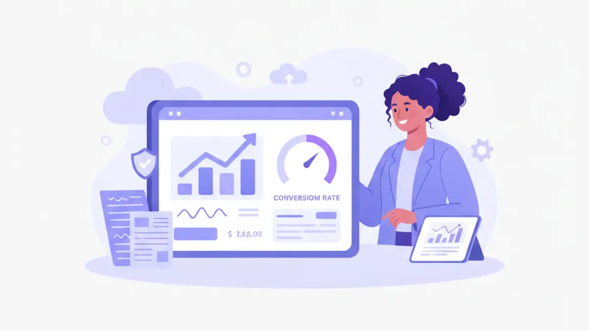 Empreendedor brasileiro analisando dashboard de vendas e-commerce com gráficos de crescimento e ícones fiscais NF-e