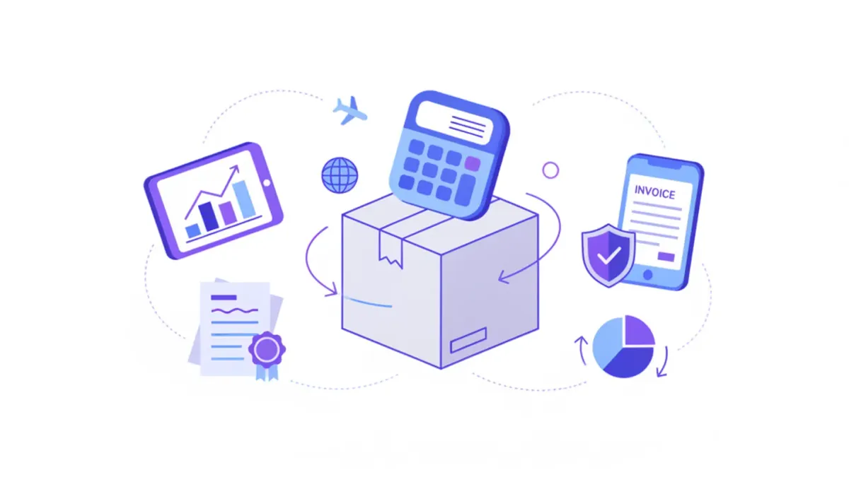 Ilustración vectorial de una caja con símbolos de envío y calculadora en tonos violeta y azul