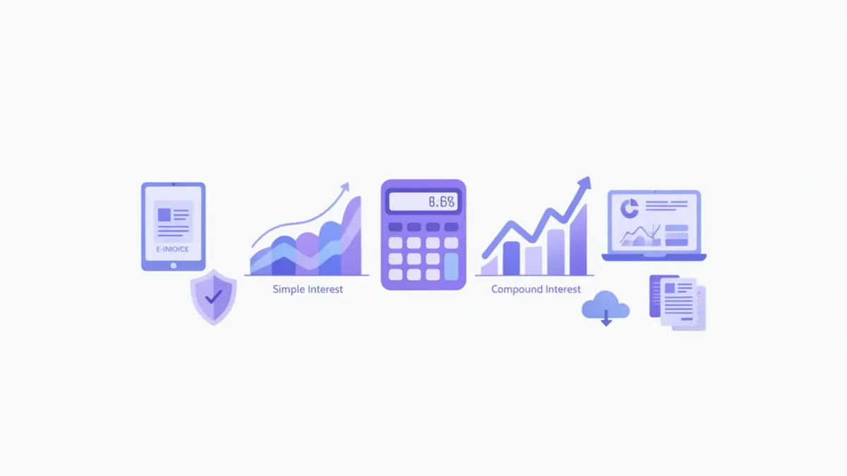 Ilustración de calculadora financiera con gráficos de interés simple y compuesto