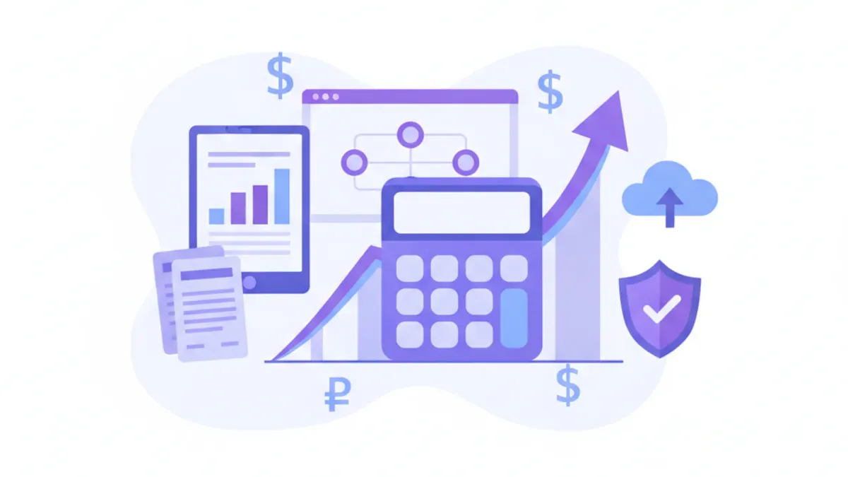 Ilustración vectorial de calculadora y gráficos de margen de ganancia en tonos violeta y azul