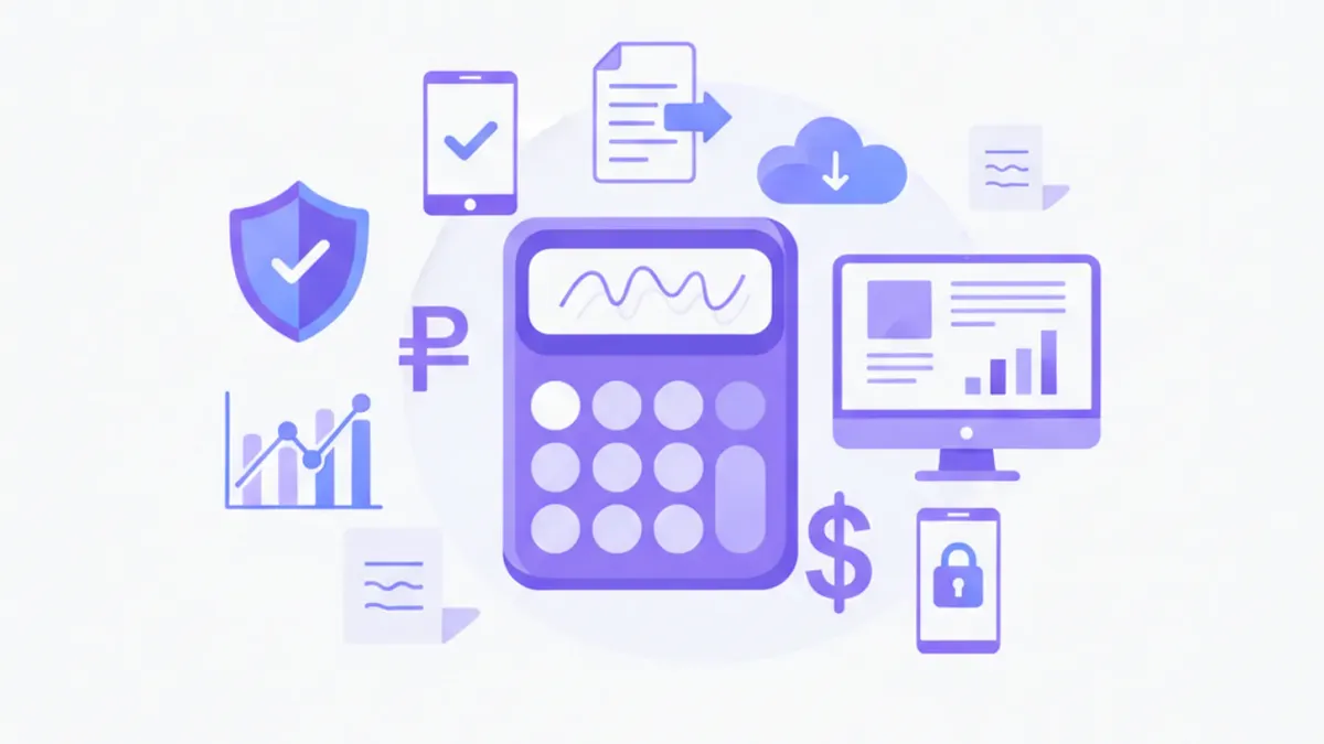 Ilustración vectorial plana en tonos violeta y azul de una calculadora con símbolos de pesos argentinos y facturas electrónicas