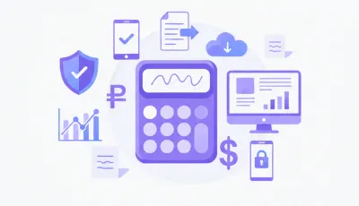 Ilustración vectorial plana en tonos violeta y azul de una calculadora con símbolos de pesos argentinos y facturas electrónicas