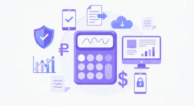Ilustración vectorial plana en tonos violeta y azul de una calculadora con símbolos de pesos argentinos y facturas electrónicas