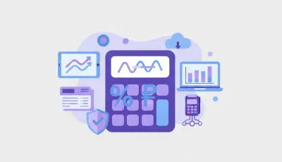 Ilustración vectorial de una calculadora con símbolo de porcentaje y signo de pesos argentinos, estilo flat violeta y azul
