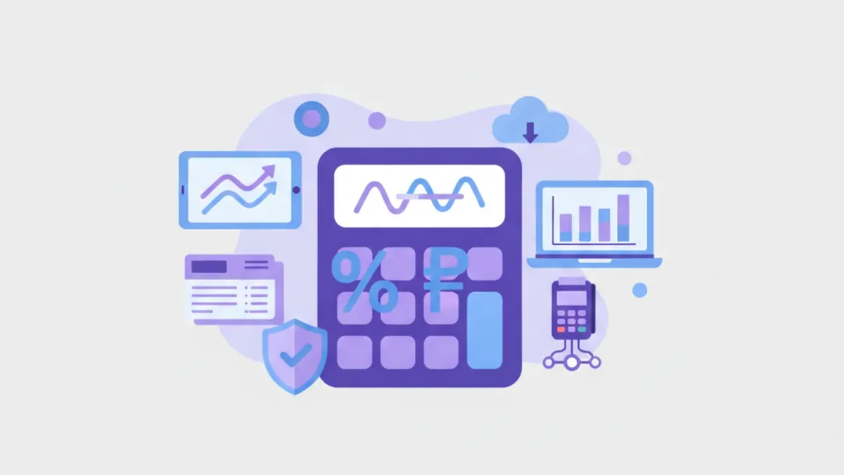 Ilustración vectorial de una calculadora con símbolo de porcentaje y signo de pesos argentinos, estilo flat violeta y azul