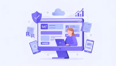 Ilustración vectorial de una persona actualizando su régimen fiscal en el portal del SAT en México, con íconos de documentos, RFC y pesos mexicanos en tonos violeta y azul