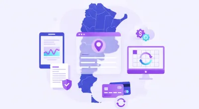Ilustración flat de un formulario digital con campos de dirección, íconos de ubicación y el logo de DGI Uruguay, en tonos violeta y azul