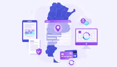 Ilustración flat de un formulario digital con campos de dirección, íconos de ubicación y el logo de DGI Uruguay, en tonos violeta y azul