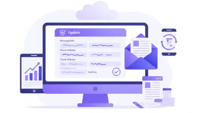 Ilustración flat del portal del SAT con íconos de casa y documento de domicilio fiscal en colores violeta y azul