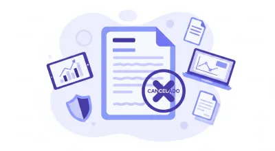 Ilustración vectorial de un documento fiscal con el logo del SAT y un sello de cancelación en tonos violeta y azul, representando el trámite de baja del RFC ante el SAT de México