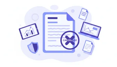 Ilustración vectorial de un documento fiscal con el logo del SAT y un sello de cancelación en tonos violeta y azul, representando el trámite de baja del RFC ante el SAT de México
