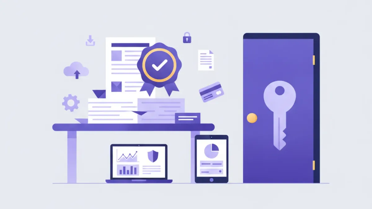 Ilustración flat vector de cierre de empresa en Uruguay con documentos oficiales, sellos y organismos como DGI y BPS en tonos violeta y azul