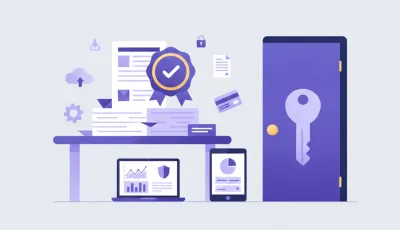 Ilustración flat vector de cierre de empresa en Uruguay con documentos oficiales, sellos y organismos como DGI y BPS en tonos violeta y azul