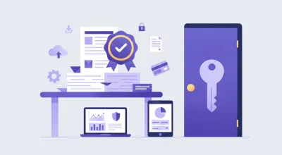 Ilustración flat vector de cierre de empresa en Uruguay con documentos oficiales, sellos y organismos como DGI y BPS en tonos violeta y azul